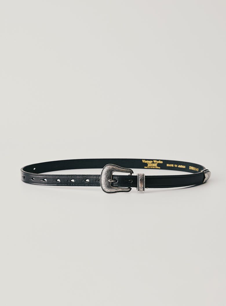 Vintage Works brown Benz leather Western belt with engraved silver-plated brass buckle