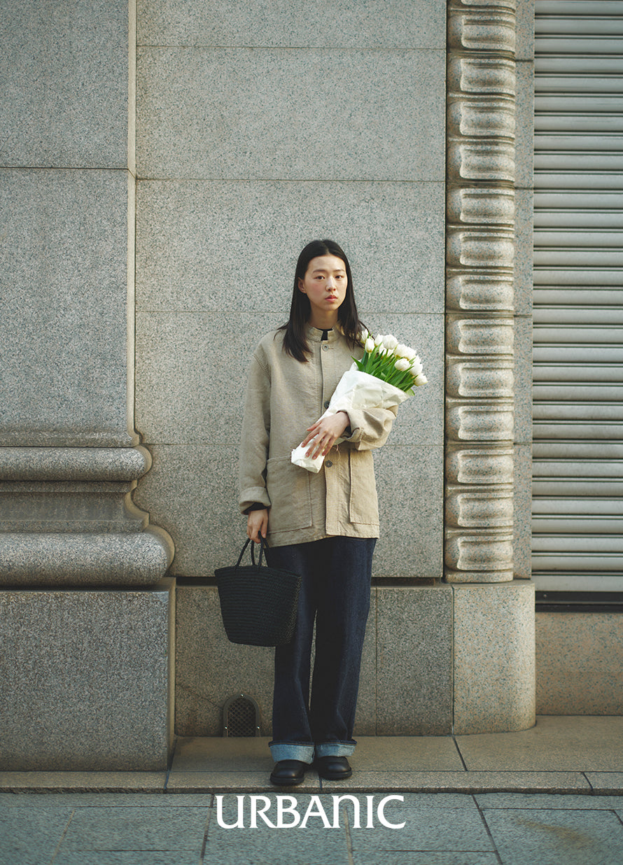 herringbone pants styled with a linen jacket