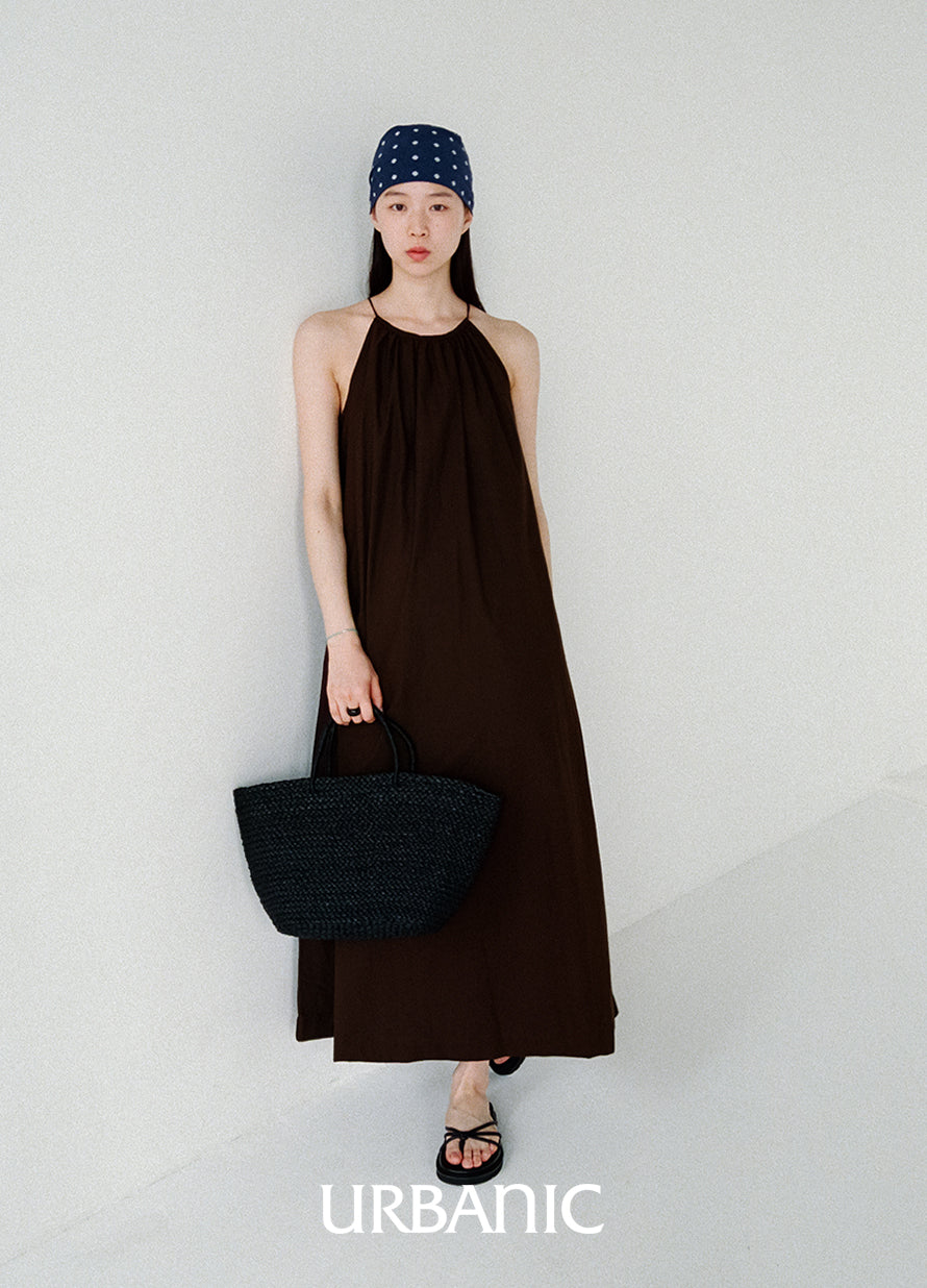 Brown halter-neck long dress with side pockets