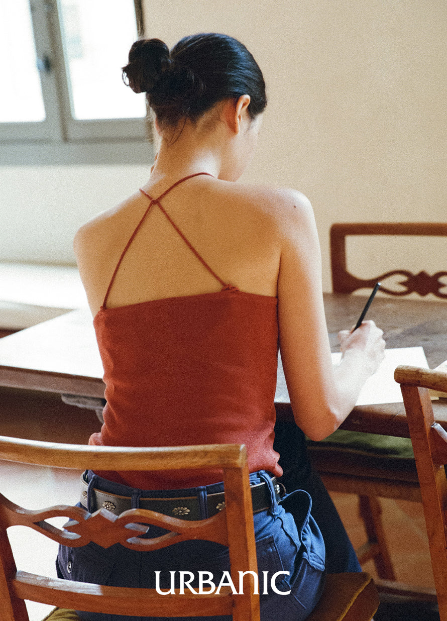 Open back sleeveless knit halter top