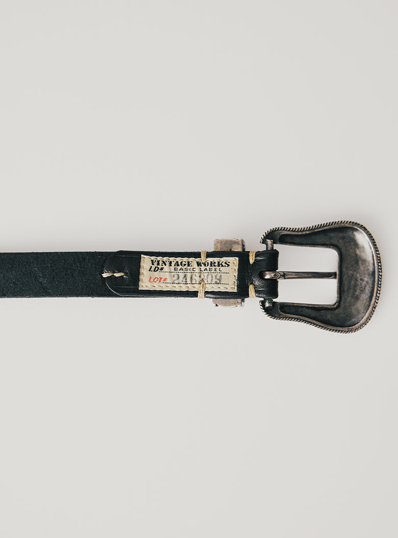Hand-stitched Benz leather belt with an aged Western-style buckle and numbered label