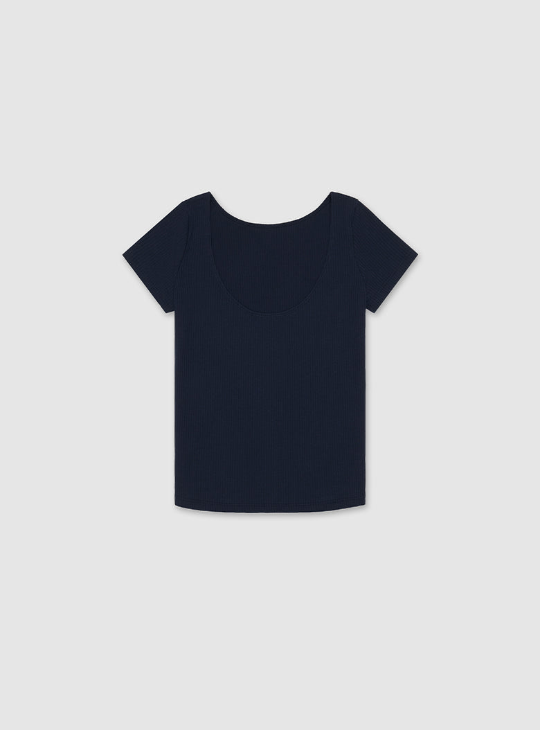 Boat-neck top with short cap sleeves and a scooped back