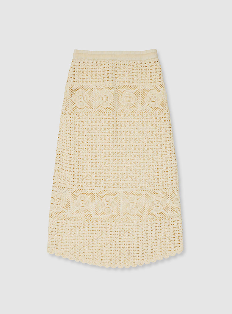 Full-length embroidered cotton skirt with intricate openwork