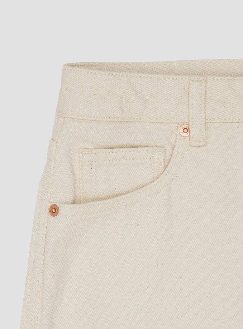 Lightweight denim shorts with copper rivets and brass buttons