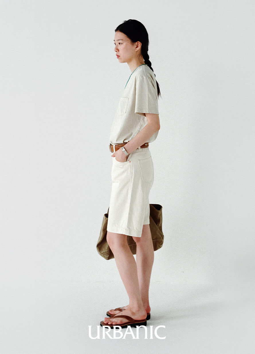 Knee-length cotton denim shorts with relaxed wide leg opening