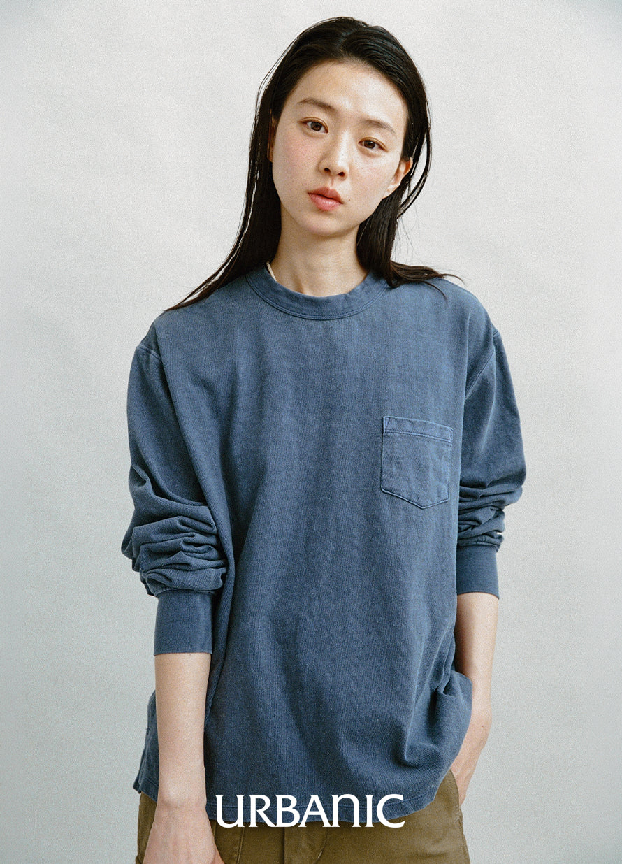 Pigment-dyed cotton long-sleeve T-shirt with a naturally faded look.