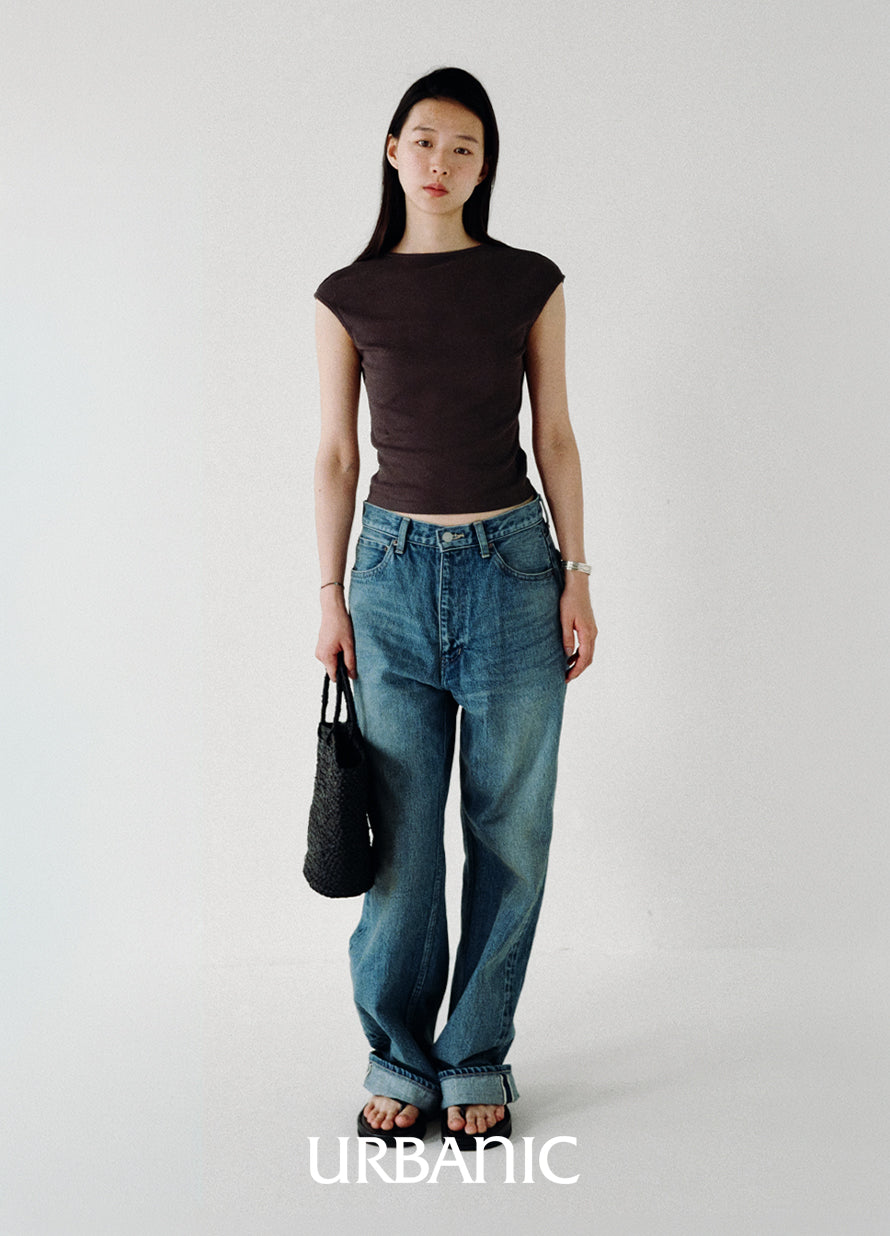 Fitted cotton-blend T-shirt with seamless cap sleeves