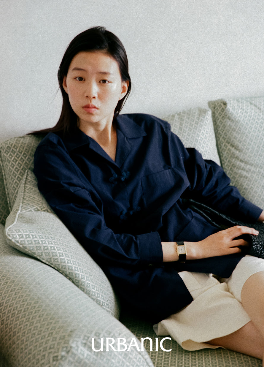 Navy cotton pajama shirt with handmade frog closures