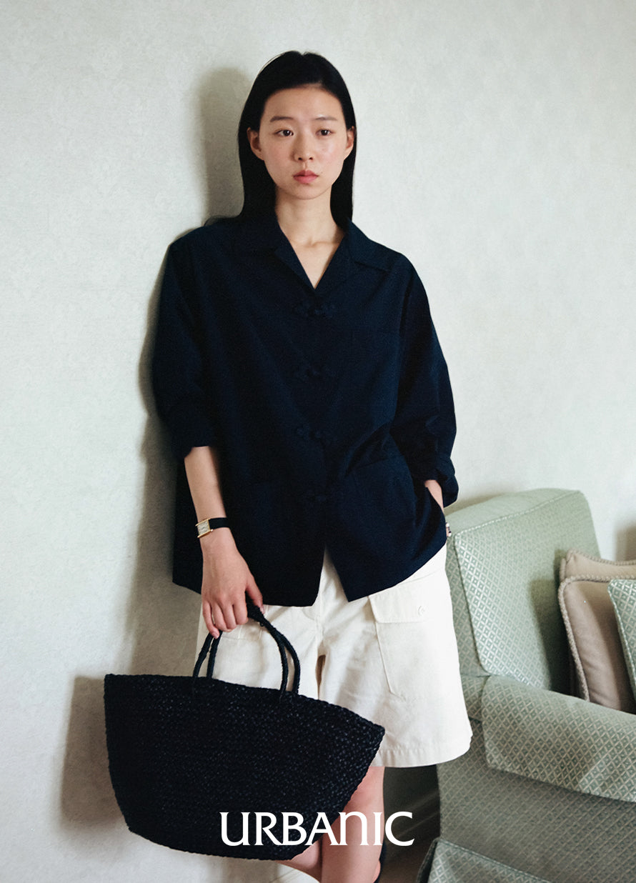 Urbanic navy cotton shirt with handcrafted knot details