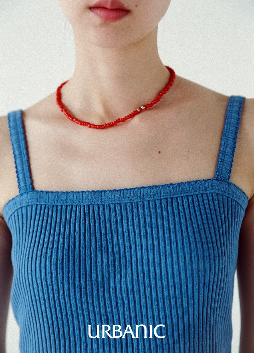 Ribbed cotton-blend top with loop-trimmed straps and neckline
