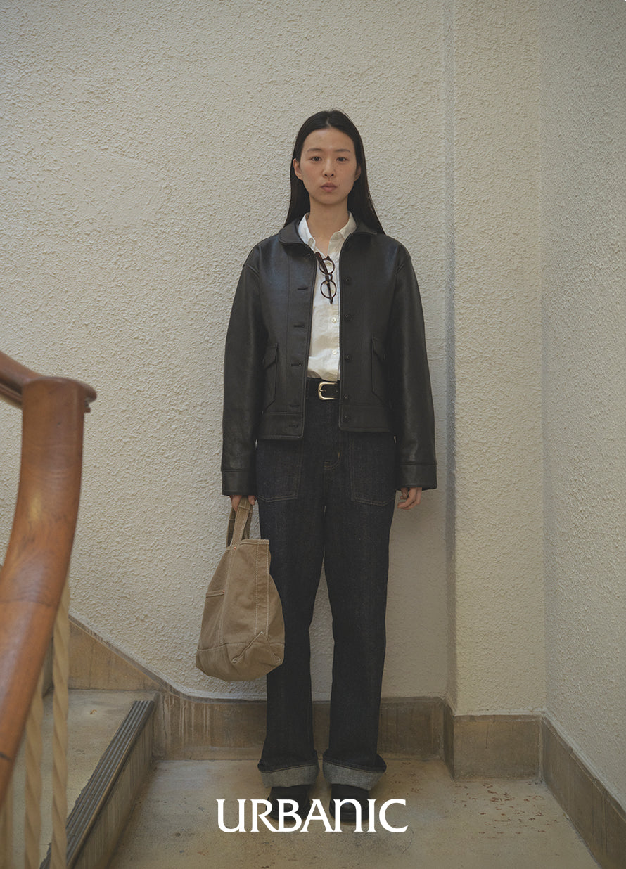 leather jacket outfit with herringbone pants