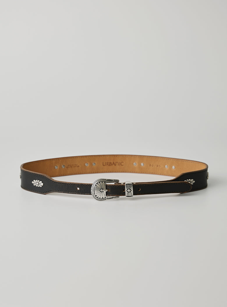 Black leather belt with western buckle