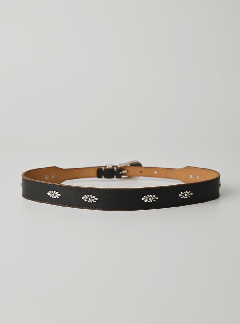 Black leather belt with white stitching