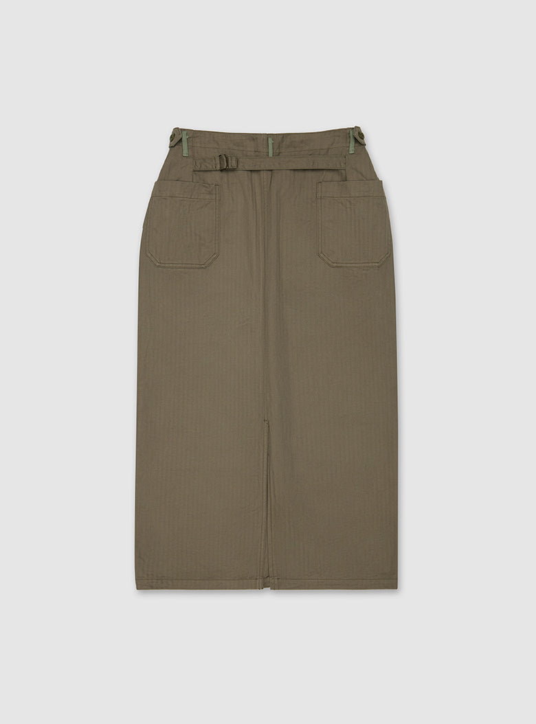 Nigel Cabourn skirt with refined utility detailing and gathered volume
