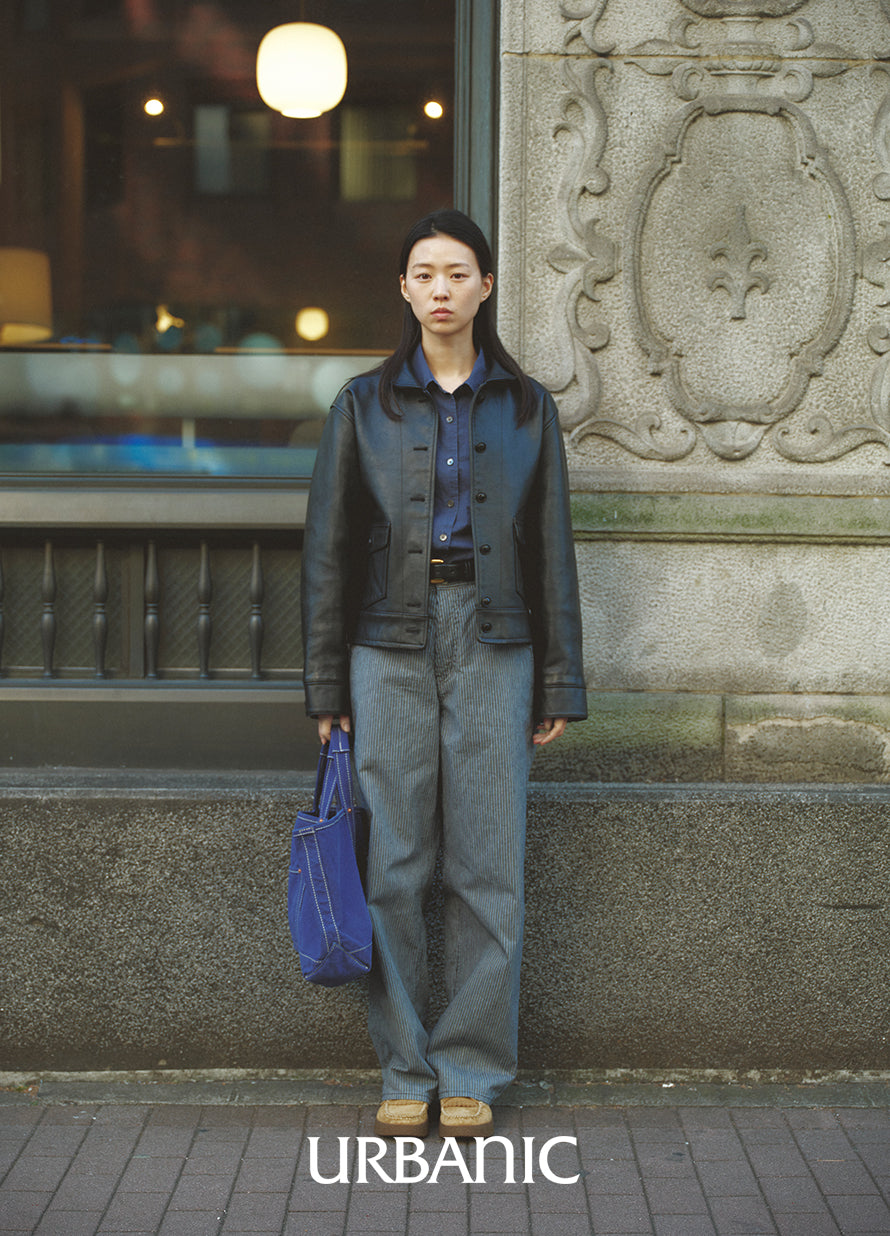 navy shirt and subtle stripe pants outfit