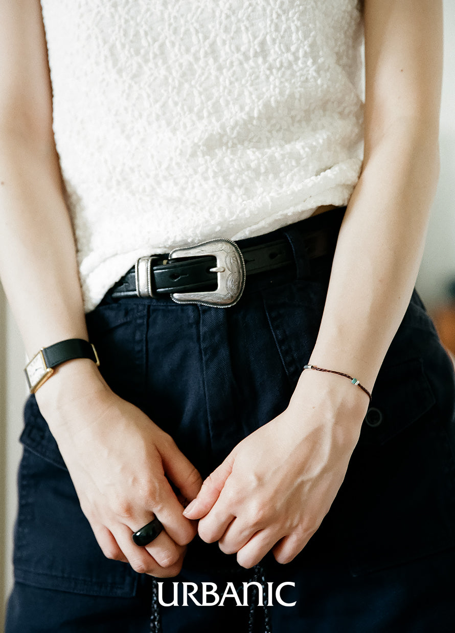 Japanese-made brown leather belt with ornate silver-plated brass fittings