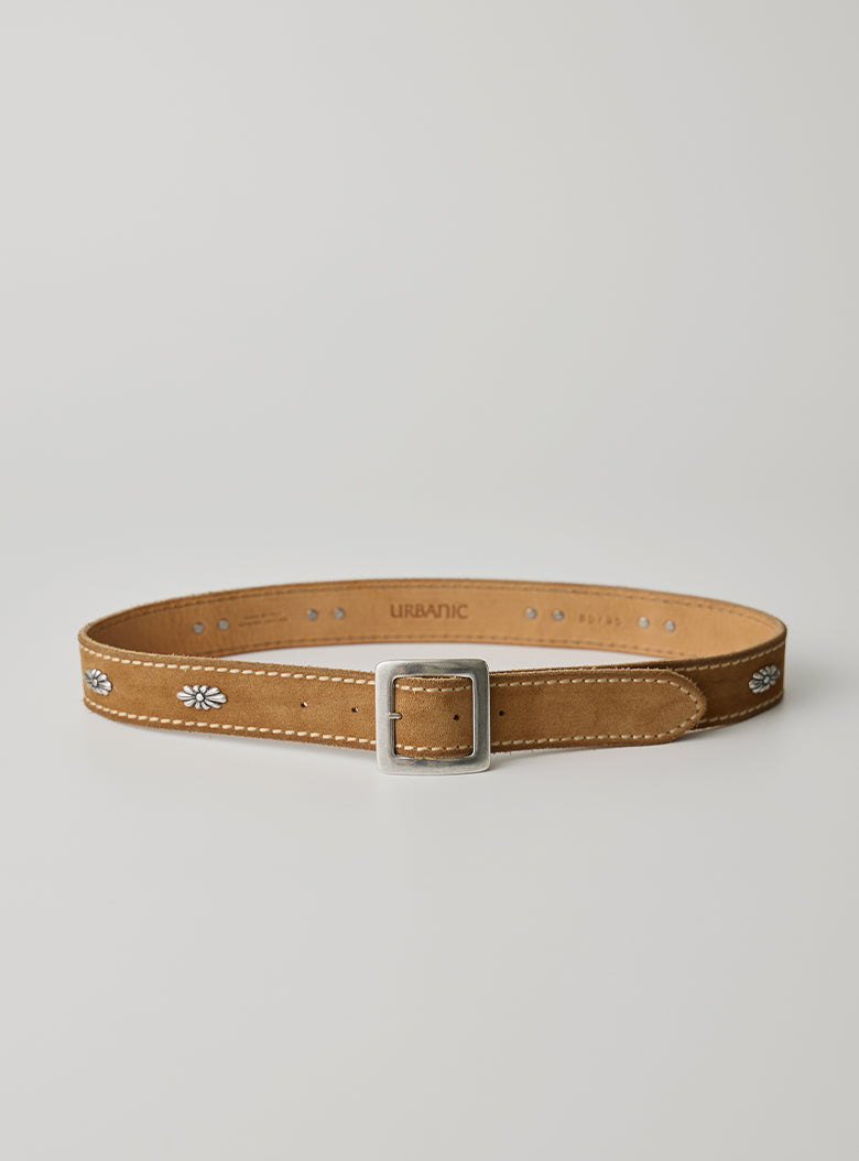 Distressed calf suede belt with floral concho studs and aged brass buckle