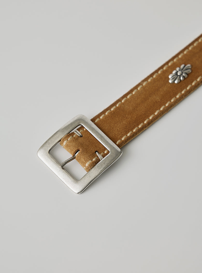 Vintage-style suede leather belt with square brass buckle