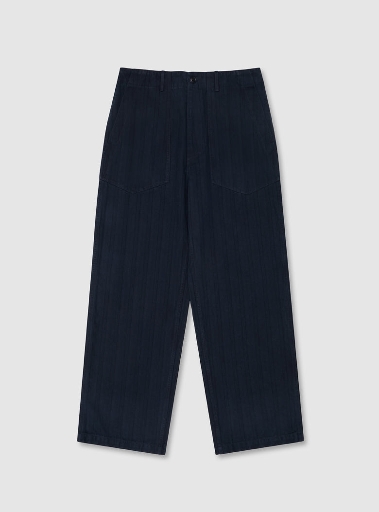Relaxed indigo fatigue pants in herringbone cotton