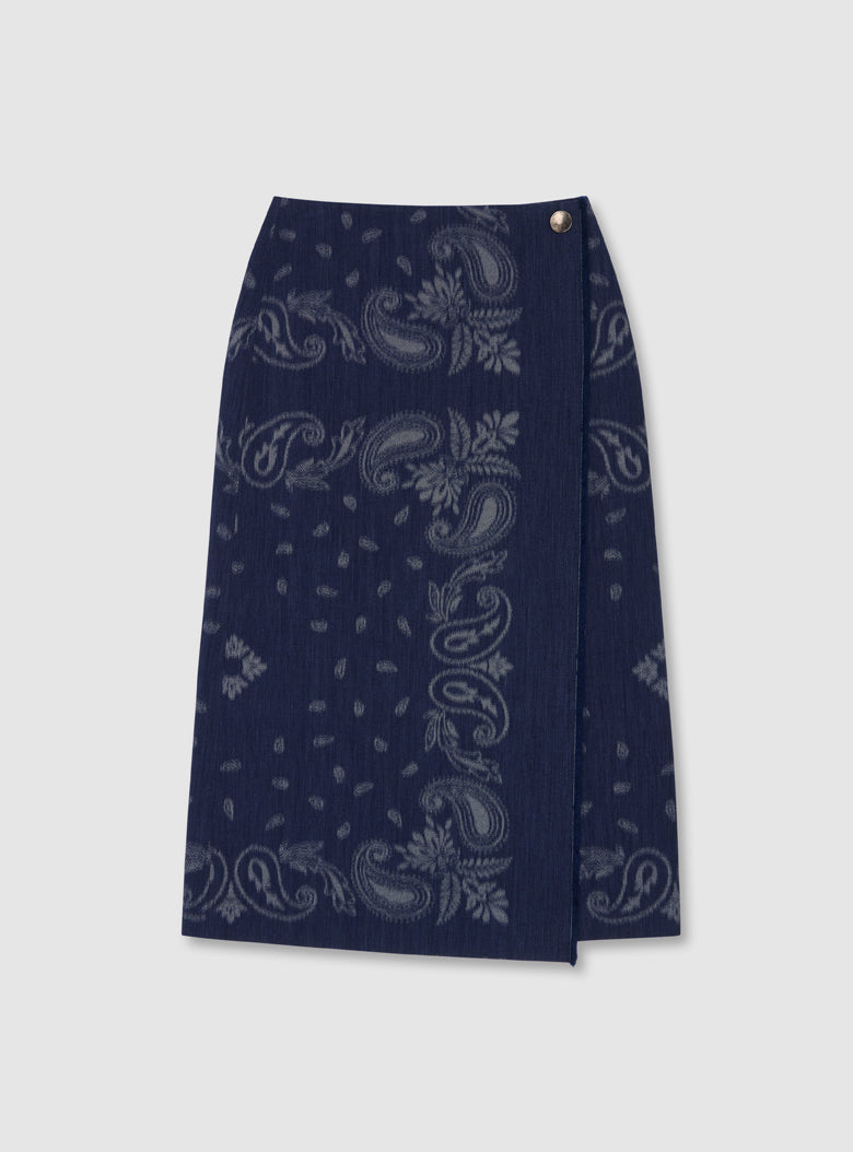 Indigo-blue long skirt with faded paisley pattern