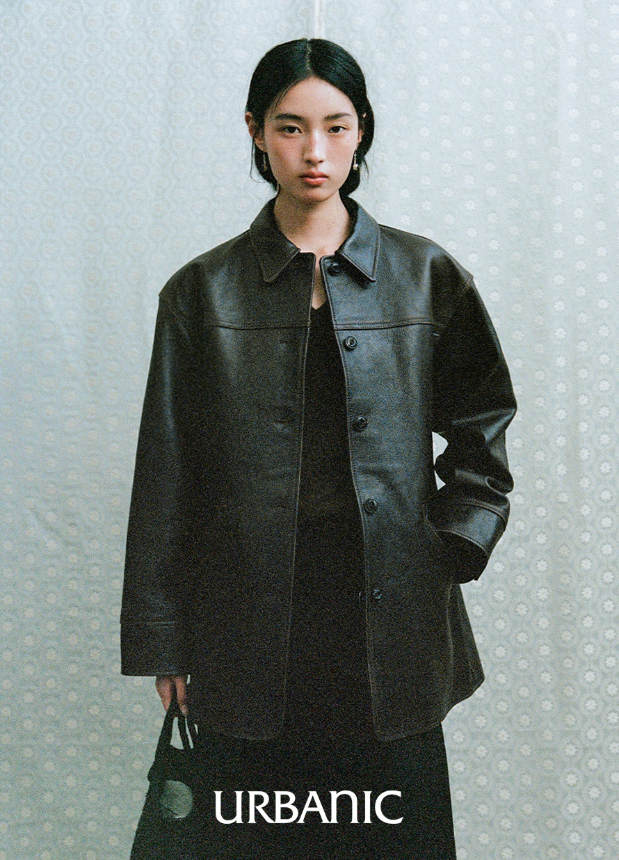 Dark-brown goat leather coat with faded and cracked finish