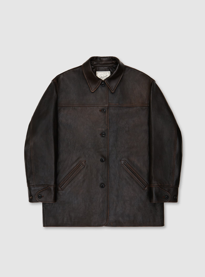  Boxy car coat in distressed dark-brown French goatskin