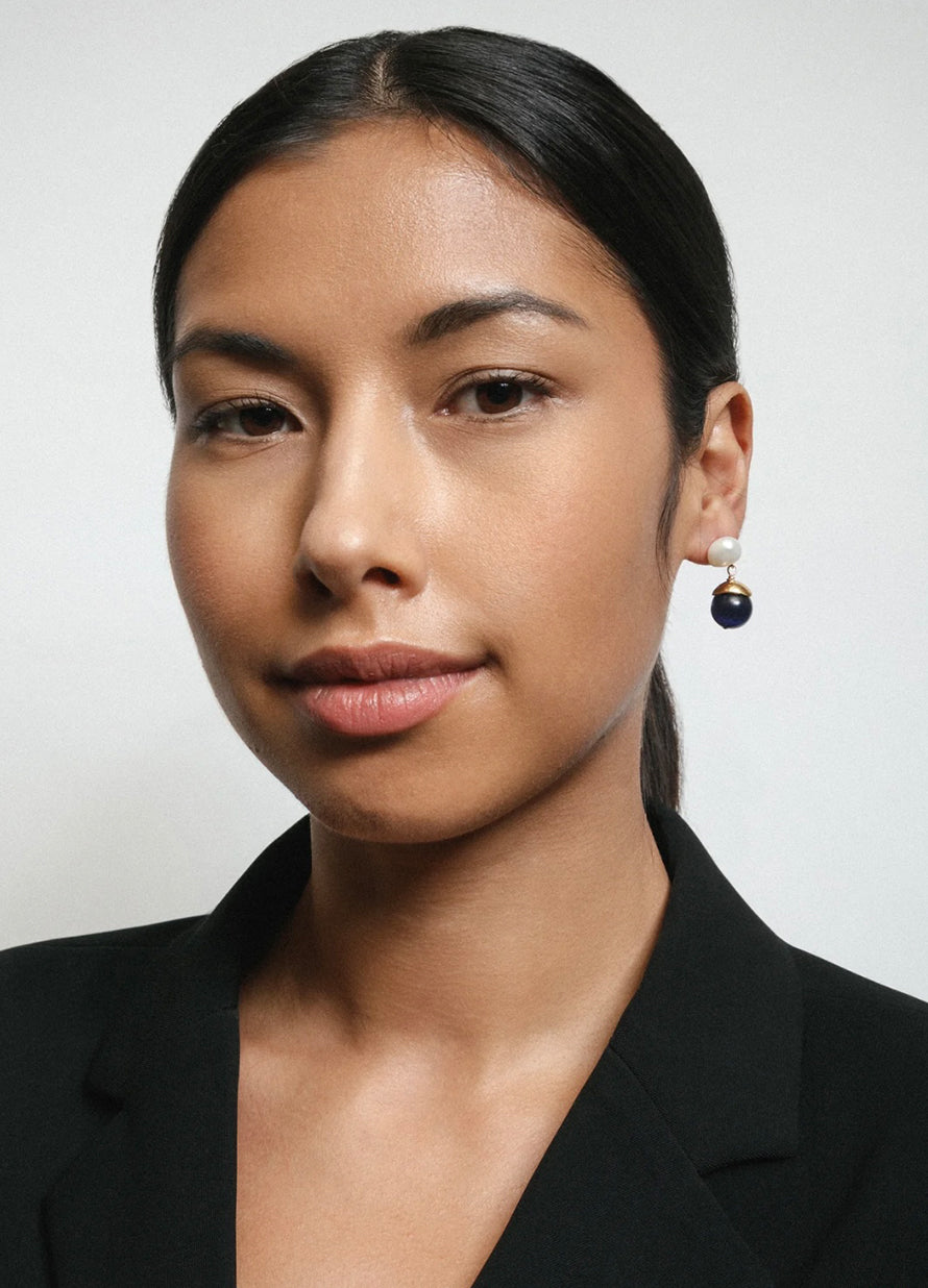 Statement drop earrings with unique pearls and deep blue beads