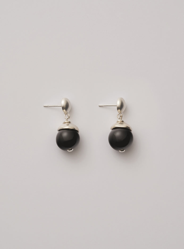 Black onyx drop earrings with matte silver caps